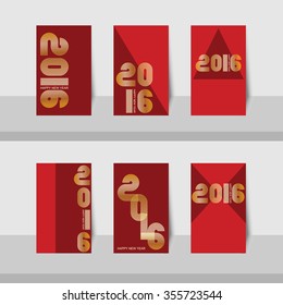 Set of vector small cards 2016 Gold retro stripe funky style numbers for Happy New Year celebration with red background.
