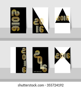 Set of vector small cards 2016 Gold retro stripe funky style numbers for Happy New Year celebration with black background.