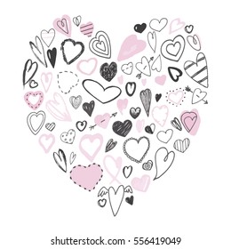 Set of vector small hearts in a shape of big heart on white