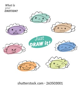 Set of vector smile faces. One cute character in different expressions. Seven emotions for your design. Hand drawing style.