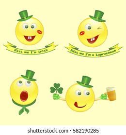 Set of Vector smile icons on Saint Patrick's Day character leprechaun with green hat and funny legend, sing with me. Vector illustration eps 10.
