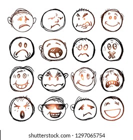 Set of vector smiles. Hand drawn emoticons.