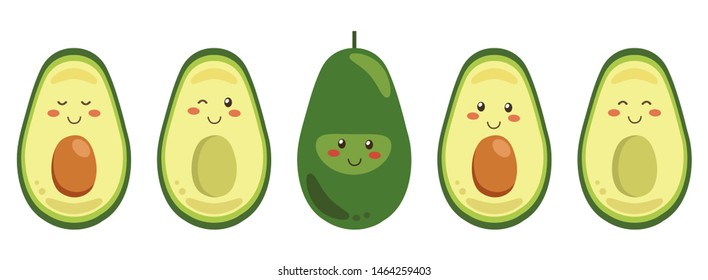 Set of vector smiling avocado characters isolated on a white background. Whole and cut in half avocado with pit.