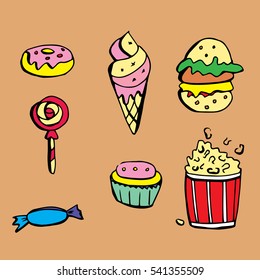 Set of vector snack food objects. Doodle cartoon style illustration.