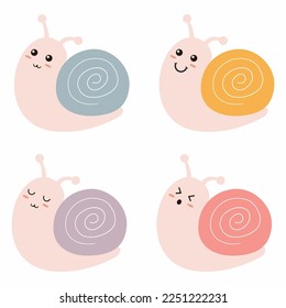 Set of vector snail illustrations with various funny cute face expressions. White Background.