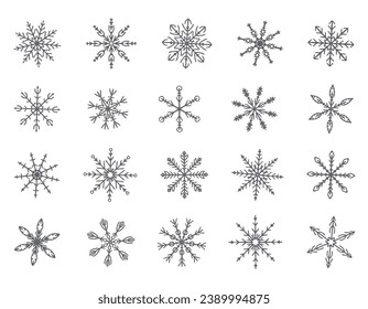 Set of vector snowflake doodles, hand drawn. Snow on a white background. Nice element for Christmas banner, cards. New year ornament.