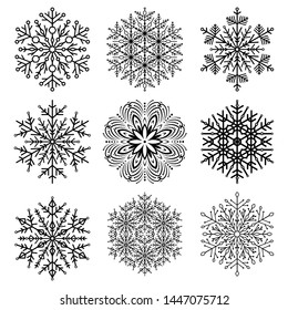 Set of vector snowflakes. Black and white winter ornaments. Snowflakes collection. Snowflakes for backgrounds and designs