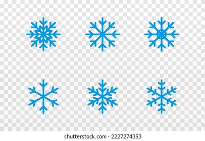 Conjunto de copos de nieve vectoriales. Png de copos de nieve azules. Copos de nieve de diferentes formas, tamaños PNG. Nieve, elemento de diseño. Navidad.