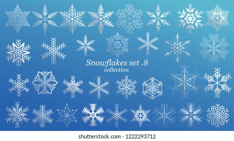 Set of vector Snowflakes Christmas design with blue ice luxury color on blue background. Winter white snow flake crystal element. Xmas frost flat isolated silhouette symbol