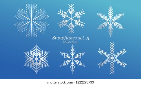 Set of vector Snowflakes Christmas design with blue ice luxury color on blue background. Winter white snow flake crystal element. Xmas frost flat isolated silhouette symbol