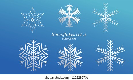 Set of vector Snowflakes Christmas design with blue ice luxury color on blue background. Winter white snow flake crystal element. Xmas frost flat isolated silhouette symbol