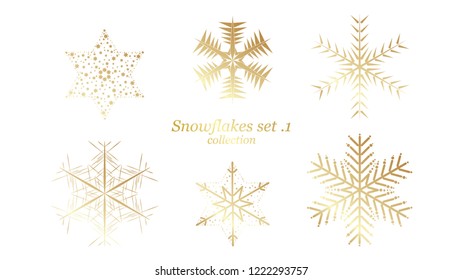 Set of vector Snowflakes Christmas design with gold luxury color on white background