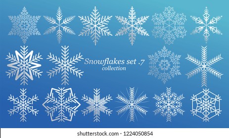 Set of vector Snowflakes Christmas design with blue ice luxury color on blue background. Winter white snow flake crystal element. Xmas frost flat isolated silhouette symbol