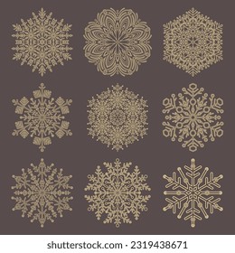 Set of vector snowflakes. Collection of brown and yellow winter ornaments. Snowflakes collection. Snowflakes for backgrounds and designs
