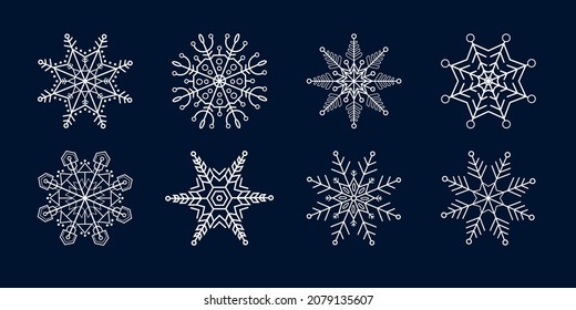 Establecer copos de nieve vectoriales. Colección de decoración de invierno con copos de nieve. Feliz año nuevo, Navidad. Nieve, vacaciones, frío, helada. Elementos de diseño invernal. Ilustración vectorial.