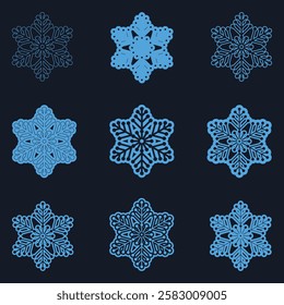 Set vector snowflakes. Collection of snowflake winter decoration. Isolated on Deep Blue background. Christmas icon set. Vector illustrator.