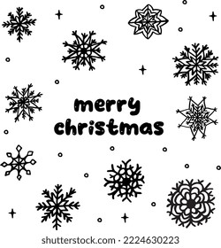 set of vector snowflakes, doodle style, black and white, cute, simple, Christmas