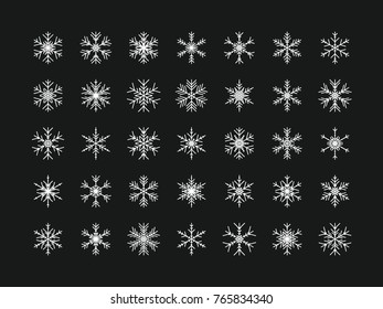 Set of vector snowflakes. Festive Christmas and New Year background. Snow winter pattern. Vector illustration.