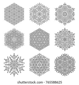 Set of vector snowflakes. Fine winter black and white ornaments. Snowflakes collection. Snowflakes for backgrounds and designs
