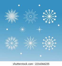 A set of vector snowflakes. Flat sticker style, snowflake design. Winter background for Christmas.
