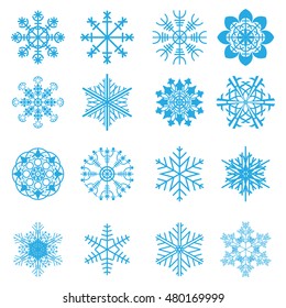 set of vector snowflakes frost blue abstract icon. Decoration vector season christmas snowflakes symbol xmas cold graphic. New year celebration frozen snowflakes crystal snow winter ornament set.