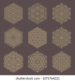 Set of vector snowflakes. Golden winter ornaments. Snowflakes collection. Snowflakes for backgrounds and designs