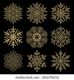 Set of vector snowflakes. Golden winter ornaments. Snowflakes collection. Snowflakes for backgrounds and designs