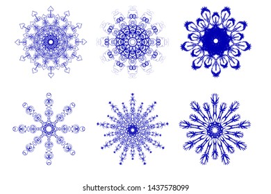 set of vector snowflakes, graphic modern blue ornament, abstract design elements for christmas, 6 geometric snowflake stencils on a white