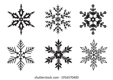 Conjunto de copos de nieve vectoriales aislados en un fondo blanco. Elementos decorativos de invierno. Hermosa colección de adorno de navidad. Siluetas digitales. Perfecto para tarjetas de felicitación, pegatinas, invitación.