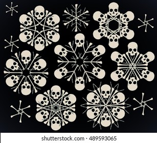 Set of vector snowflakes made of skulls and bones in beige isolated over black background.