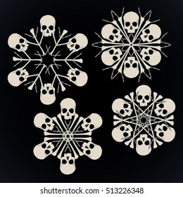 Set of vector snowflakes made of skulls and bones in beige isolated over black background.