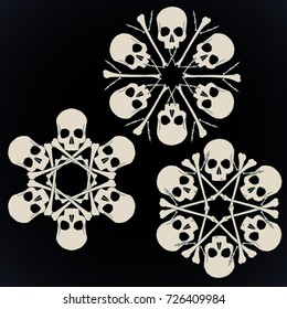 Set of vector snowflakes made of skulls and bones in beige isolated over black background.