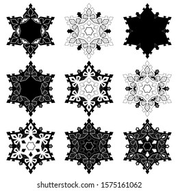 Set of vector snowflakes. Nine icon silhouette on white background.