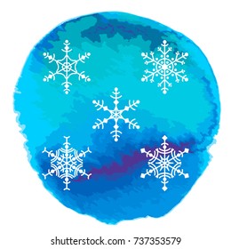 Set of vector snowflakes on blue watercolor spot. Great for postcards, posters, prints, greeting cards, t-shirts, labels.