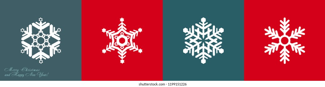 Set of vector snowflakes on a red and gray-blue background. Icons for websites. For printing on ceramics, textiles.