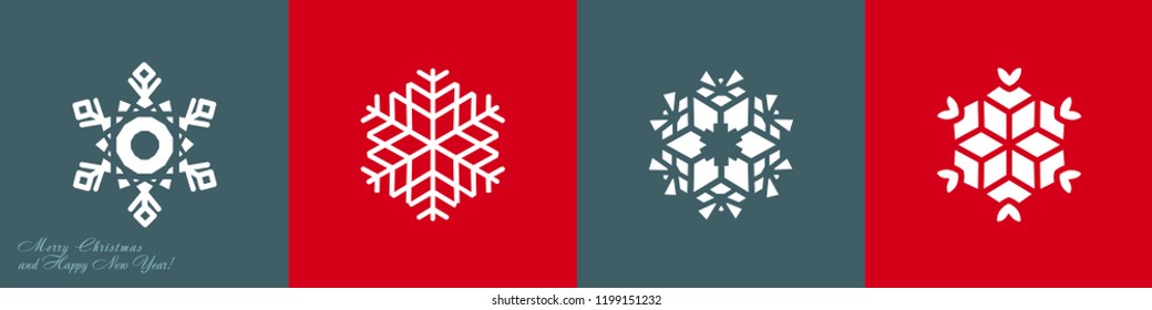 Set of vector snowflakes on a red and gray-blue background. Icons for websites. For printing on ceramics, textiles.