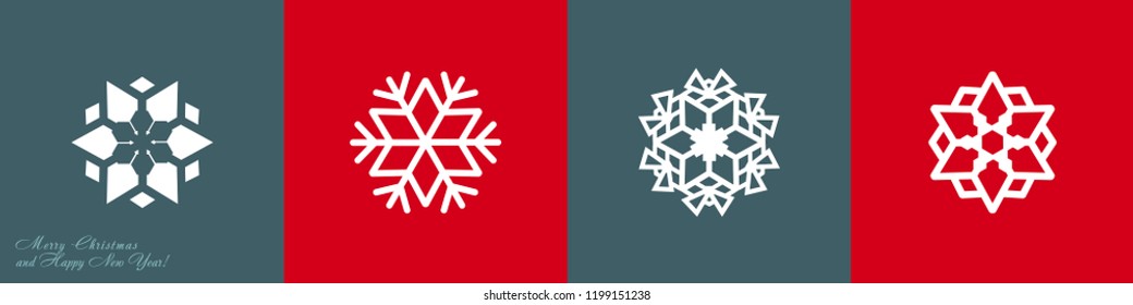 Set of vector snowflakes on a red and gray-blue background. Icons for websites. For printing on ceramics, textiles.