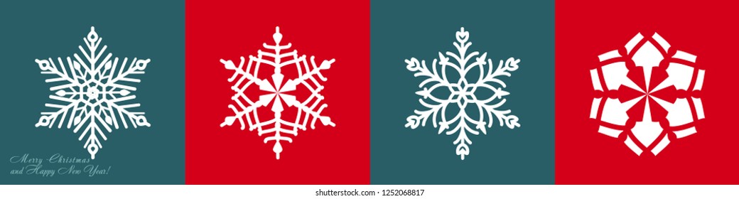 Set of vector snowflakes on a red and gray-blue background. Icons for websites. For printing on ceramics, textiles.
