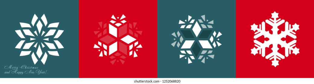Set of vector snowflakes on a red and gray-blue background. Icons for websites. For printing on ceramics, textiles.
