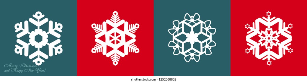 Set of vector snowflakes on a red and gray-blue background. Icons for websites. For printing on ceramics, textiles.
