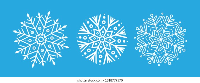 Set of vector snowflakes on sky blue background isolated. Set of design elements for conveying a festive, New Year, Christmas mood. New trend line art style Snowflake 2021.