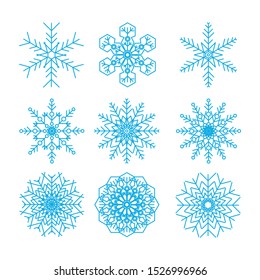 Set of vector snowflakes on white background. Snowflake texture for decoration. Geometric snow symbol in thin line. Elements for Christmas banners, leaflets, invitations, greeting cards for web design