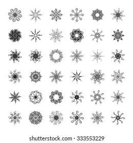 Set of vector snowflakes on a white background.