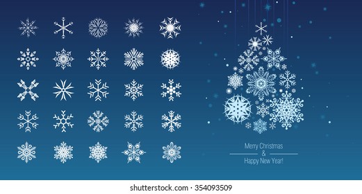Set of vector snowflakes shapes. White snowflake Christmas tree on blue background. Christmas vector card.