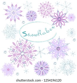 Set of vector snowflakes in silver and lilac colors