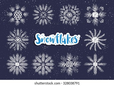 Set of vector snowflakes. Sketches.