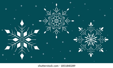 Set of vector snowflakes. Snowflake vector icons background set white color. Winter christmas snow flake crystal element. Illustration for greeting card, banner and other holiday or xmas media.