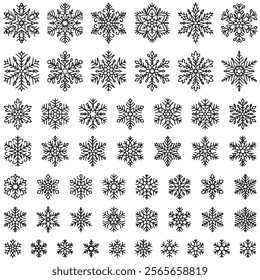 Set of vector snowflakes. Stencil shapes. Design elements isolated black on white background. Vector icon set. Collection of different variations. snow illustration white background