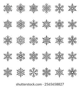 Set of vector snowflakes. Stencil shapes. Design elements isolated black on white background. Vector icon set. Collection of different variations. snow illustration white background