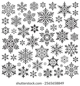 Set of vector snowflakes. Stencil shapes. Design elements isolated black on white background. Vector icon set. Collection of different variations. snow illustration white background